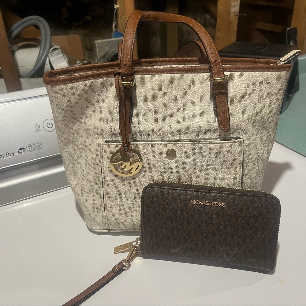 Michael Kors Brown and Cream Tote Bag with Wallet